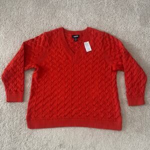 Lands End Drifter VNeck Basketweave Knit Sweater Women 1X 16W-18W Classic Orange